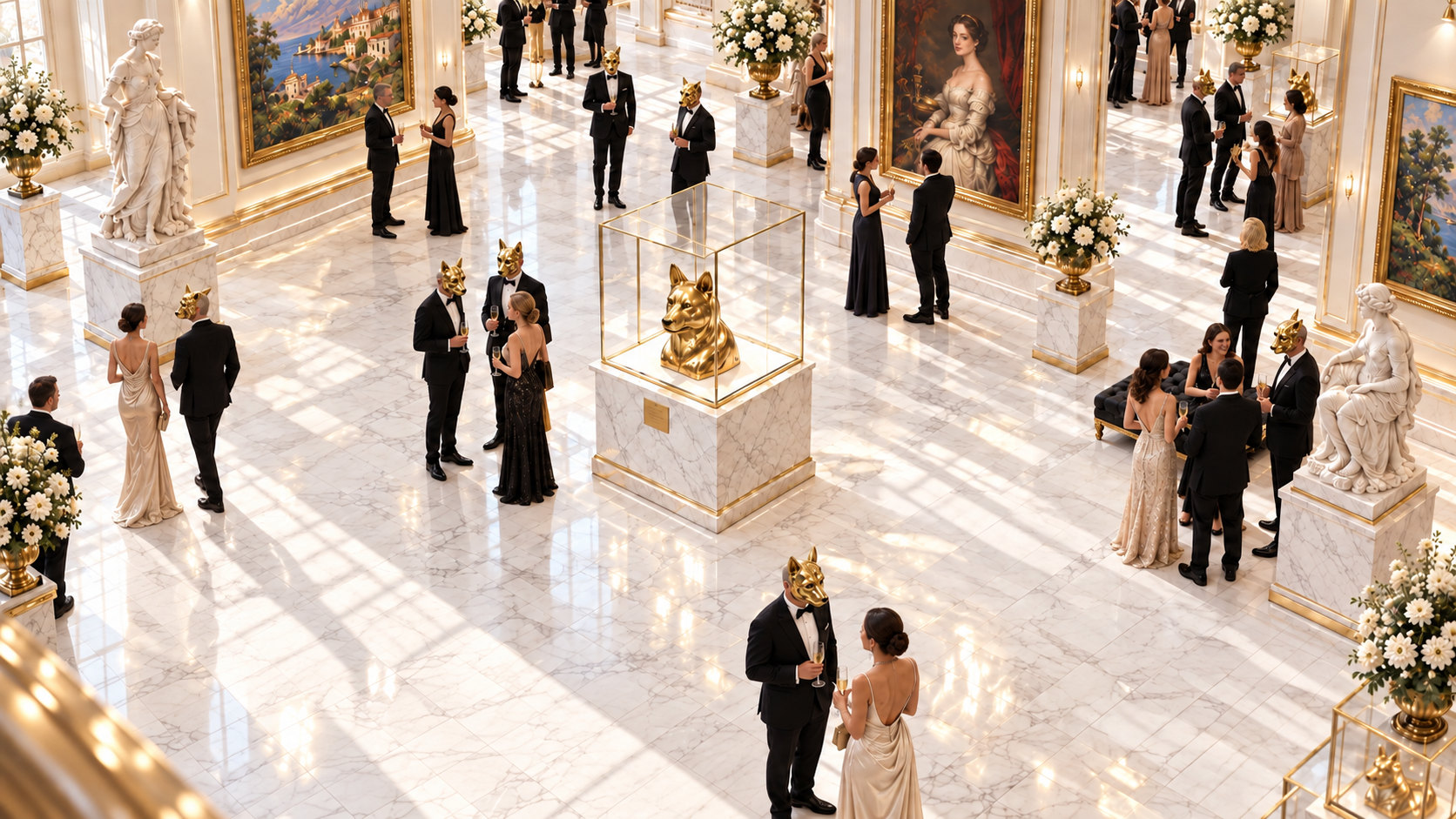 A white marble gallery reception: guests in evening wear, some in gold canine masks, gather around the gold GOLDINU bust in a glass display case.